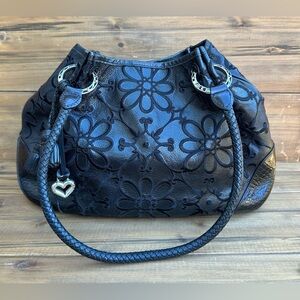 Brighton Valencia Embroidered Floral Black Leather Shoulder Bag